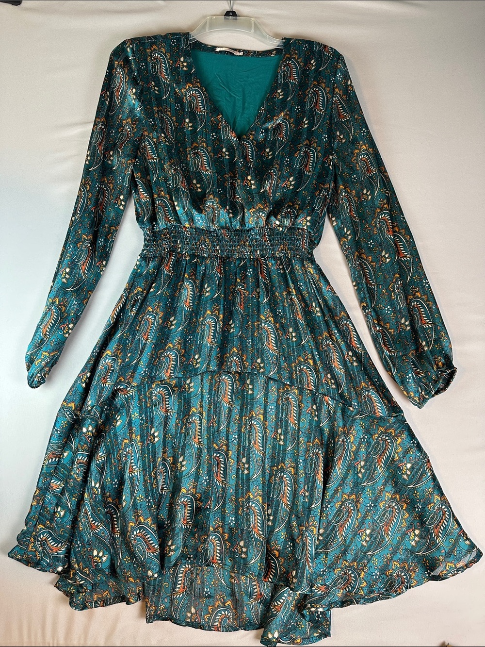 Esqualo Dress Womens 10 Green Blue Paisley Chiffon Fit Flare Long Sleeve Boho